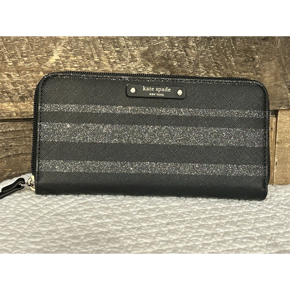 Kate Spade New York Black Glitter Striped Zip-Around Women's Wallet‎